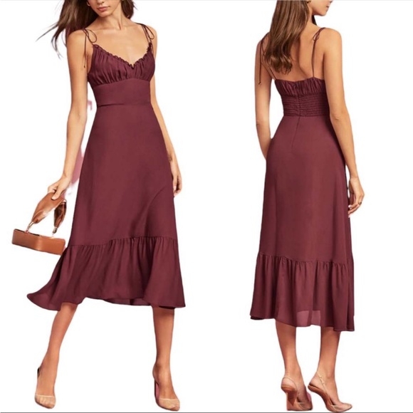 REFORMATION Embry Dress Burgundy Plum Sleeveless Ruffle Tie Straps Chiffon 8 NWT - Picture 14 of 14